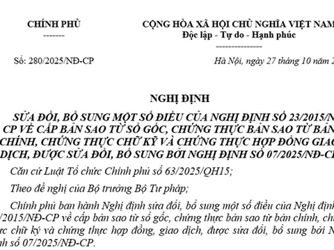Nghị định số 280/2025/NĐ-CP: Sửa đổi, bổ sung một số quy định về chứng thực chữ ký, giao dịch