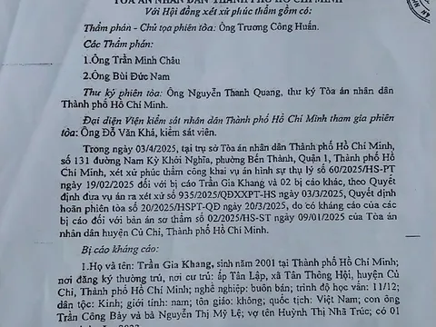 TP. Hồ Chí Minh: Tòa Phúc thẩm hủy bản án sơ thẩm để điều tra lại, bảo đảm xử đúng người đúng tội