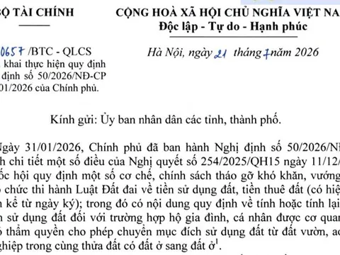 Công văn 10657/BTC-QLCS 2026: Xử lý khoản chênh lệch khi tiền sử dụng đất được tính lại theo chính sách mới